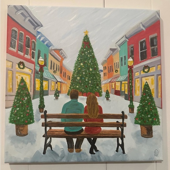 Framed Romantic Hallmark Holiday Street Scene Oil Painting with Christmas Tree.